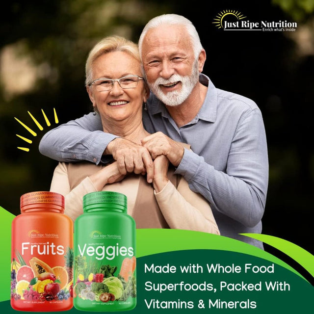 Just Ripe Nutrition Fruits and Veggies Supplement - 90 Fruit and 90 Veggies Capsules (2 Pack) - 100% Whole Natural Superfood - Filled with Vitamins and Minerals - Supports Energy Levels