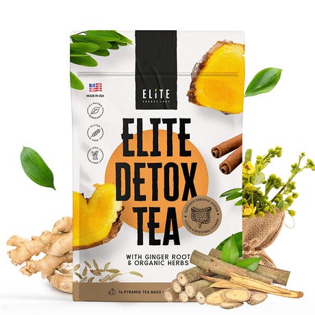 Elite Detox Tea: Natural Organic 7-Herbal Blend for Gentle Cleansing as Needed. Bloating Tea. Constipation Tea - 14 Loose Leaf Tea Bags - Boost Your Digestive Health, Made in USA