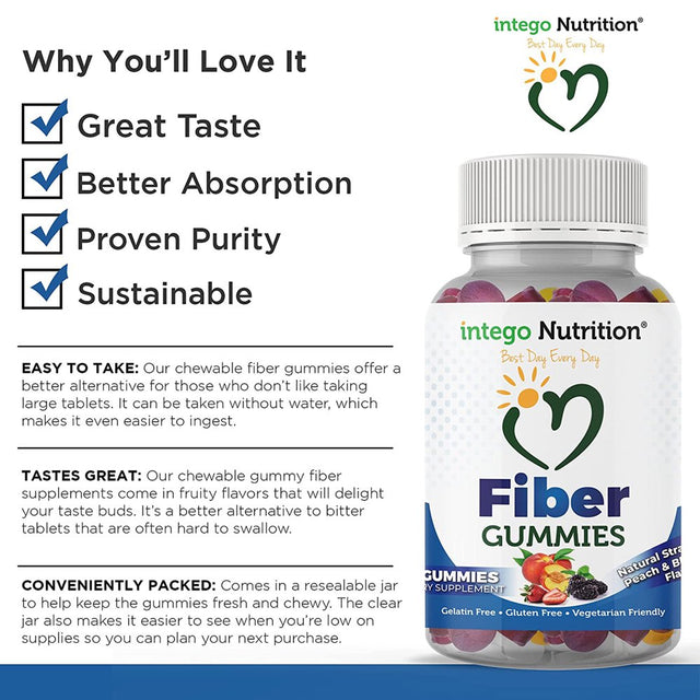 Intego Nutrition Dietary Fiber Supplement Gummies for Gut Health Support, 60 Count