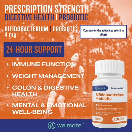 Welmate Bifidobacterium Probiotic Supplement - 24/7 Digestive Support - 200 Count Capsules