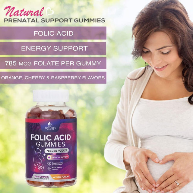 Folic Acid Gummies for Women 785 Mcg, Essential Prenatal Vitamins for Mom & Baby, Vegan Folic Acid Supplement Gummy, B9 Chewable Extra Strength Folate for before during after Pregnancy - 120 Gummies