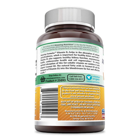 Amazing Formulas Vitamin D3 in Coconut Oil -5000IU, 180 Softgels - (Non-Gmo) Vitamin for Optimal Body Function - Supports Bone Health, Cardiovascular Health, Kidney Function