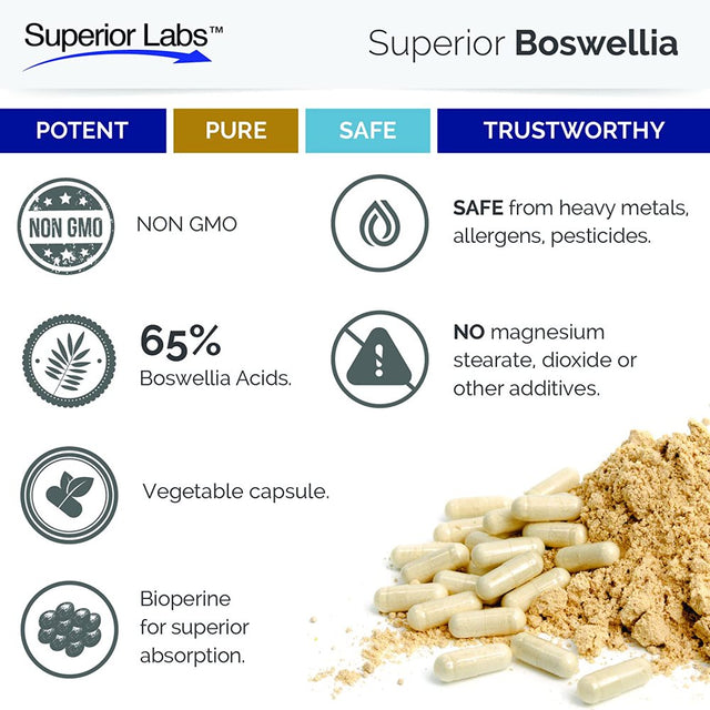 Superior Labs Boswellia Extract - Pure Nongmo Boswellic 65% Acids W/Bioperine Superior Absorption Zero Synthetic Additives - Powerful Formula Joint, Knees, Hips, Migraine, Immune, - 500Mg Svg, 240 Veg