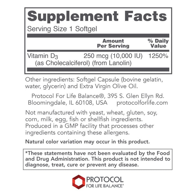 Protocol for Life Balance Vitamin D3 10,000 IU - 120 Softgels