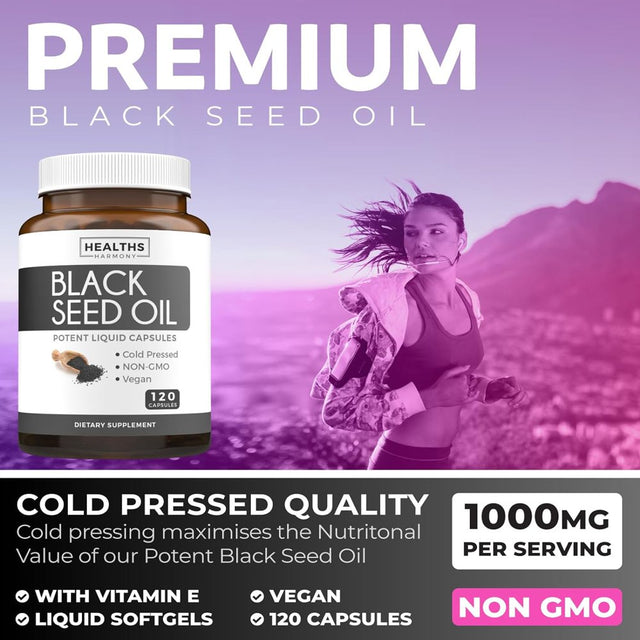 Healths Harmony Black Seed Oil 1000 Mg, 120Ct Softgel Capsules, NON-GMO & Vegan Supplement Made from Cold Pressed Nigella Sativa Pure Black Cumin Seed Oil