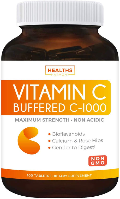 Healths Harmony Buffered Vitamin C 1000Mg Immune Support Supplement (Non-Gmo) - Immune Booster for Adults with Vitamin C, Calcium, Rose Hips and Citrus Bioflavonoids - 100 Tablets