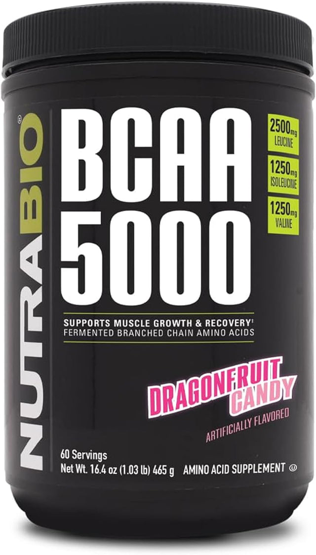 Nutrabio BCAA 5000 Powder - Vegan Fermented Bcaas - Supports Lean Muscle Growth, Recovery, Endurance - Zero Fat, Sugar, and Carbs - 60 Servings - Dragonfruit Candy