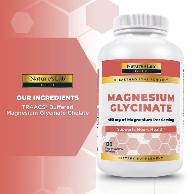 Nature’S Lab Gold Magnesium Glycinate 400Mg - 120 Capsules (30 Day Supply) - Supports Cardiovascular Health, Muscle & Nerve Function*