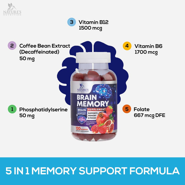 Nootropic Brain Booster Memory Supplement Gummy for Concentration & Mental Focus - Brain Health & Energy with B12, Phosphatidylserine, Coffee Extract, Nature'S Vitamins for Men & Women - 120 Gummies