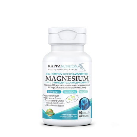 Magnesium, L-Threonate (90 Capsules), 2,253Mg per Serving, Providing 420Mg Elemental, Bisglycinate Chelate, Malate, for Brain, Sleep, Stress, Cramps, Headaches, Energy, Heart, from Kappa Nutrition.