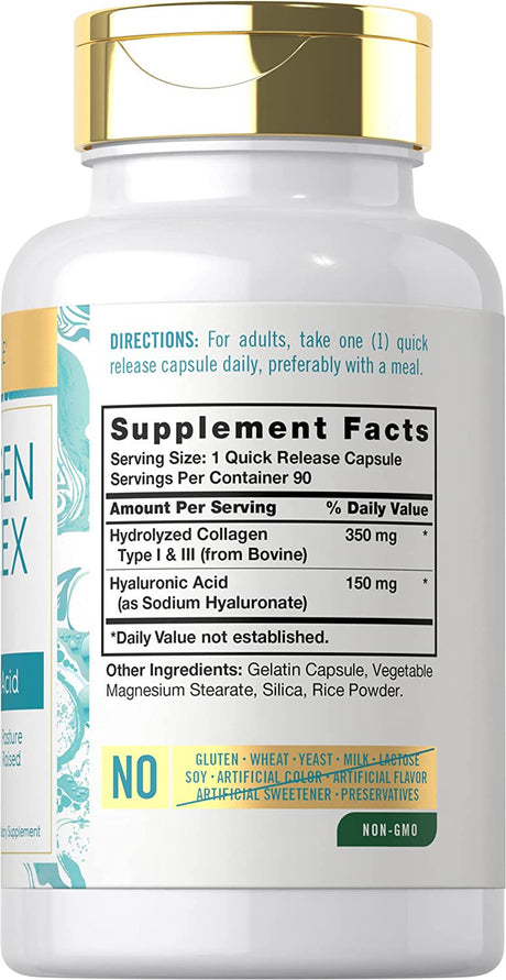 Collagen with Hyaluronic Acid 500Mg | 90 Capsule Pills | Hydrolyzed Collagen Supplement | Non-Gmo, Gluten Free | by Carlyle