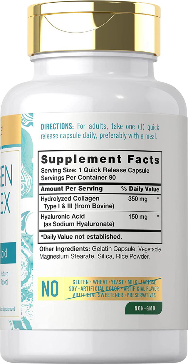 Collagen with Hyaluronic Acid 500Mg | 90 Capsule Pills | Hydrolyzed Collagen Supplement | Non-Gmo, Gluten Free | by Carlyle