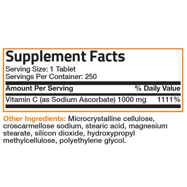 Bronson Sodium Ascorbate Non Acidic Vitamin C 1000Mg, 250 Tablets