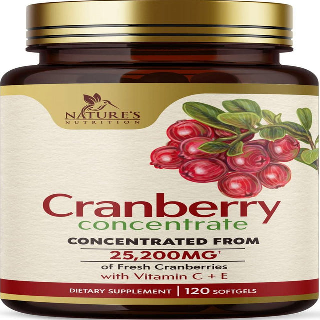 Cranberry Supplement Pills + Extra Strength Vitamin C & E, 25,200Mg Formula Supports Urinary Tract Health Non-Gmo and Gluten Free Nature'S Cranberry Pill Supplement - 120 Softgels