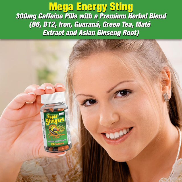 | Mega Energy Sting - 300Mg Caffeine Pills with a Premium Herbal Blend (B6, B12, Iron, Guarana, Green Tea, Mate' Extract and Asian Ginseng Root) - 100Ct Bottle