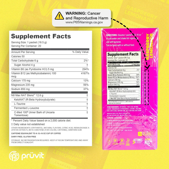 PRÜVIT Keto//Os NAT® Raspberry Lemonade Keto Supplements – Charged Exogenous Ketones - BHB Salts Ketogenic Supplement for Workout Energy Boost for Men and Women (20 Count)