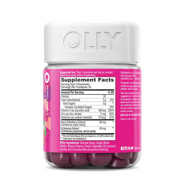 OLLY Immunity Gummy, Immune Support, Elderberry, Zinc, Vitamin C, 45 Ct