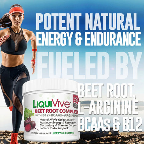 Liquivive Beet Root Juice Powder - Nitric Oxide Booster Supplement | Super Charged with BCAA Amino Acids, Vitamin B12 & L-Arginine | Non-Gmo N.O. Amino Energy Drink Mix for Endurance & Circulation