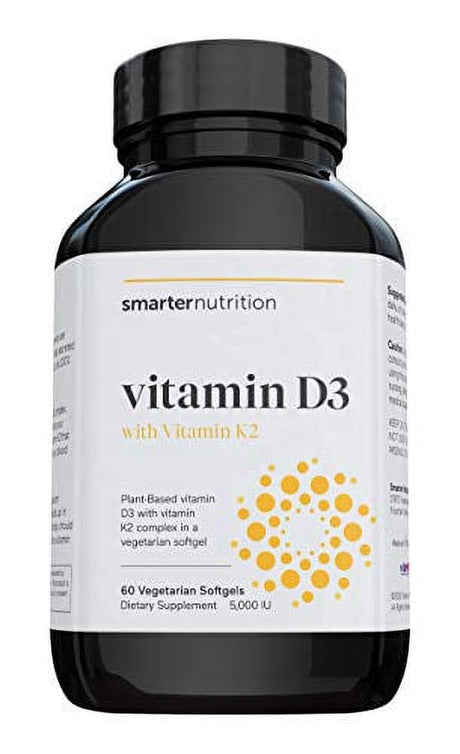 Plant-Based Vitamin D3 Immune Support with Vegan K2 Complex in a Vegetarian Softgel - Includes 5,000 IU of Vitamin D for Immunity Boost, Complete Bone Health & Arterial Protection (1, D3+K2)