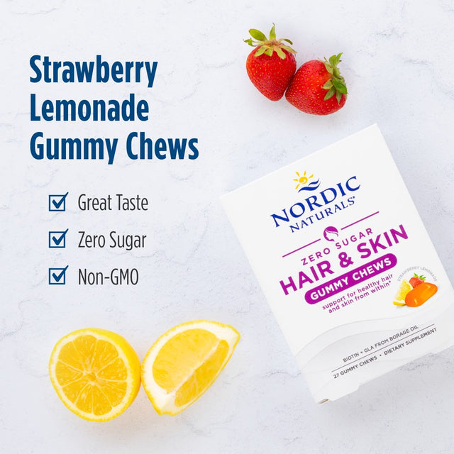 Nordic Naturals Zero Sugar Hair & Skin Gummy Chews, Strawberry Lemonade - 27 Gummy Chews