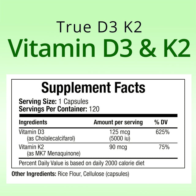 Truemed Vitamin D3 K2 5000 IU 125 Mcg Vitamin D, MK7 Vitamin K2 Supplements for Bone Heart Health 120 Veggie Capsules