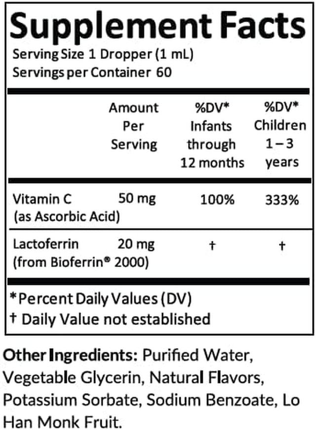 Baby Lactoferrin Liquid Drops - 60 Daily Servings, 2 Fl Oz (60 Ml) - Inulin Fortified (Prebiotic, Dietary Fiber) - Sugar Free, Gluten Free, Vegetarian Friendly