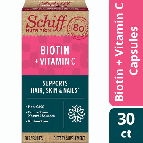 Schiff Biotin + Vitamin C Capsules (30 Count), Gluten-Free & Non-Gmo Supplement That Supports Hair, Skin & Nails and Natural Collagen Production٭