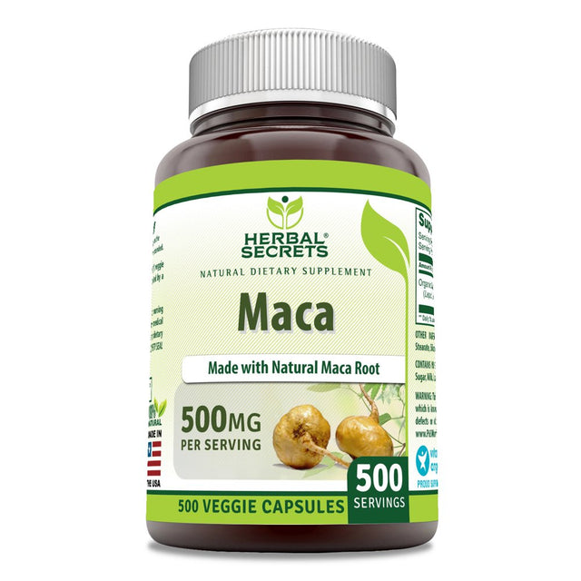 Herbal Secrets Maca Root Capsules 500 Mg per Serving 500 Veggie Capsules Supplement | Non-Gmo | Gluten Free | Made in USA | Suitable for Vegetarians