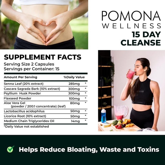 Pomona Wellness 15 Day Cleanse Capsules, Supports Digestive Health and Gut Health, Helps Reduce Bloating, Remove Waste and Boost Energy, Non-Gmo, 15 Day Supply, 30 Count