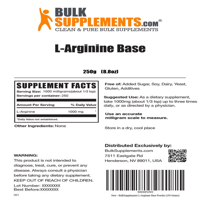 Bulksupplements.Com L-Arginine Powder, 1000Mg - Nitric Oxide Powder (250G - 250 Servings)