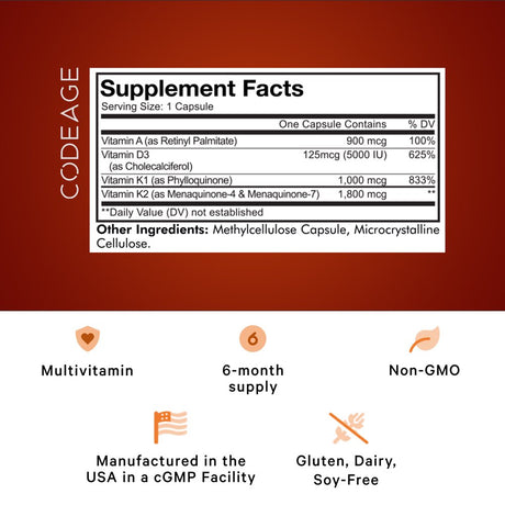 Codeage ADK Vitamins, 6-Month Supply, Vitamin A, 5000 IU Vitamin D3, Vitamin K1 & K2 (MK7 & MK4), 180 Ct