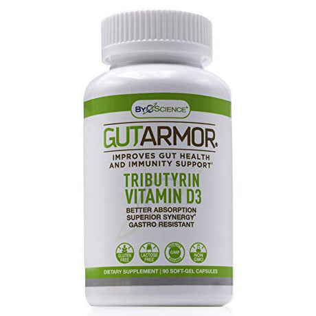 GUT ARMOR by Byoscience - Supports Gut Health & Immunity - Ultra-Pure Butyrate in Form of Tributyrin and Vitamin D3 3000 IU 500Mg - Maximum Absorption to Support Gut Microbiome - 90 Soft Gel Capsules