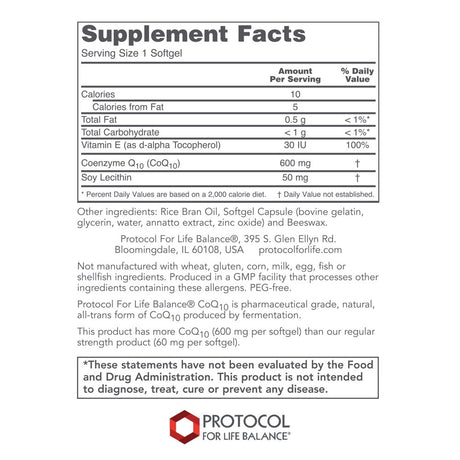 Protocol Coq10 600Mg with Vitamin E - Heart Health Support - 60 Softgels