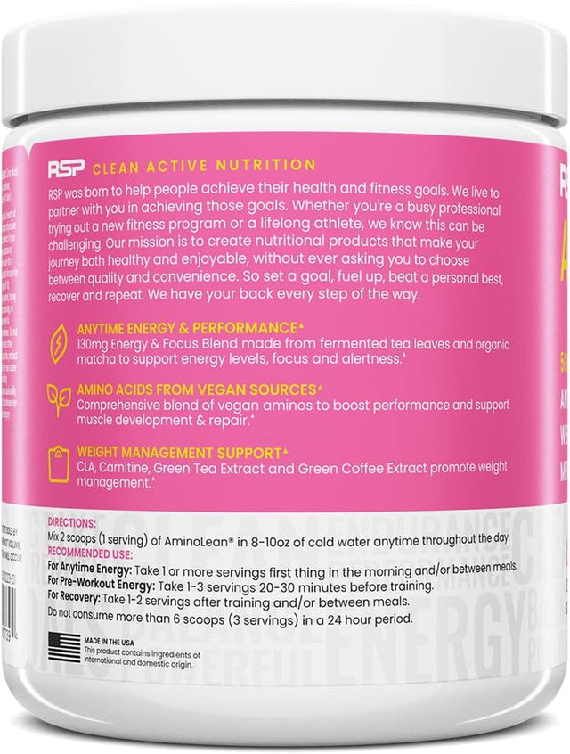 RSP NUTRITION Aminolean Pre Workout Powder, Amino Energy & Weight Management with Vegan BCAA Amino Acids, Natural Caffeine, Preworkout Boost for Men & Women, 30 Serv, Pink Lemonade…