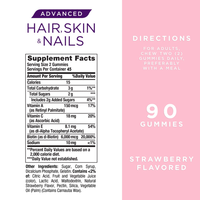 Nature'S Bounty Advanced Hair, Skin and Nails Strawberry Gummies, 6000Mcg Biotin, 90 Ct.