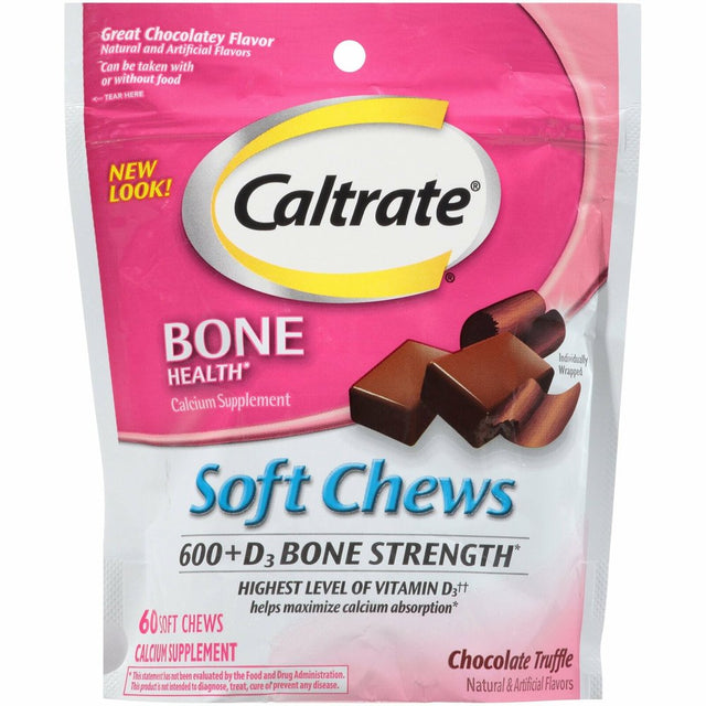 Caltrate Calcium Supplement W/ 600+D3 Bone Strength, Chocolate Flavor, 60Ct