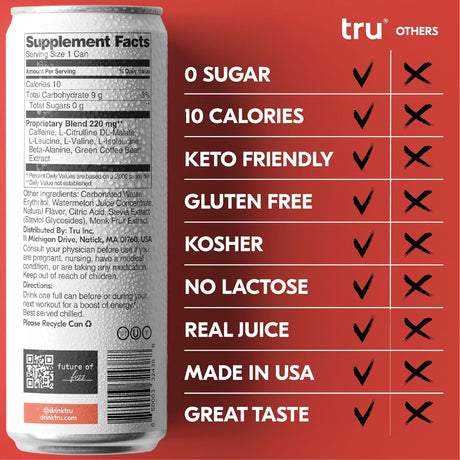 Tru Power Seltzer, Watermelon Flavored Sparkling Water Made with Real Fruit Juice - Pre Workout Drink plus Amino Acids - Natural Caffeine, Kosher, GF, No Added Sugar Beverages, 12Oz (Pack of 12)