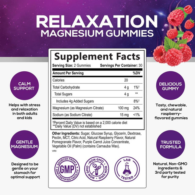 Magnesium Citrate Gummies - Magnesium Supplement for Adults & Kids - Supports Calm Magnesium Gummy Dietary Supplements for Muscle, Nerve, Bone & Heart Support - 60 Non-Gmo Raspberry Magnesium Gummies