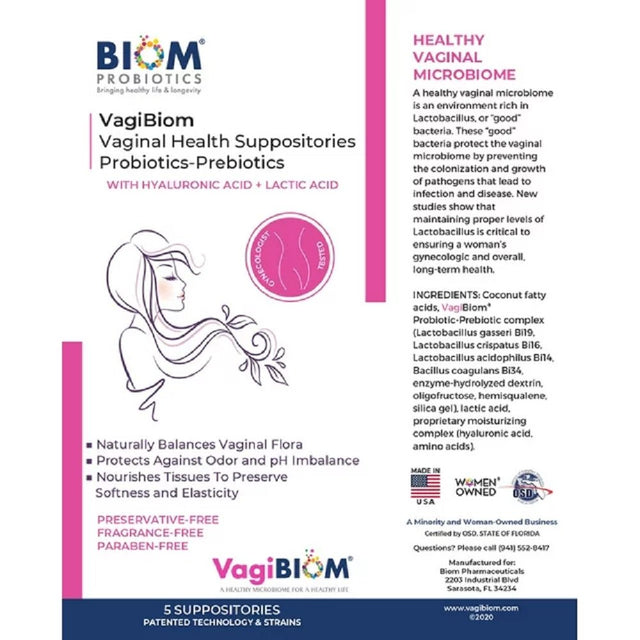 Vagibiom- Biom Probiotics Vaginal Probiotic Suppository for Women, Fragrance Free, 5 Count