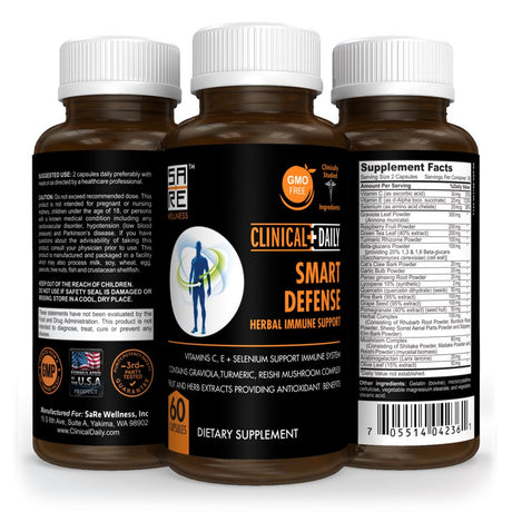 CLINICAL DAILY Smart Defense Herbal Immune Support Supplement. Immunity Vitamins for Women and Men, Vitamin C, E, Selenium, 22 in 1 Herbs plus Mushroom Complex. Graviola, Garlic, Lycopene. 60 Capsules