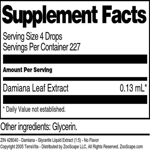 Terravita Damiana - Glycerite Liquid Extract (1:5) - No Flavor, (1 Fl Oz, 1-Pack, Zin: 428040)