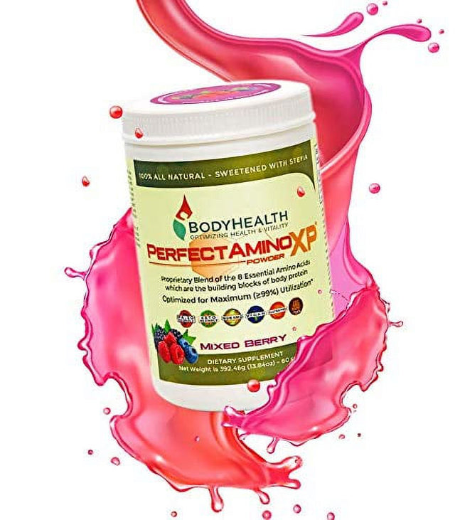 Bodyhealth Perfectamino XP Mixed Berry (60 Servings) Best Pre/Post Workout Recovery Drink, 8 Essential Amino Acids Energy Supplement with 50% Bcaas, 100% Organic, 99% Utilization for Maximum Power