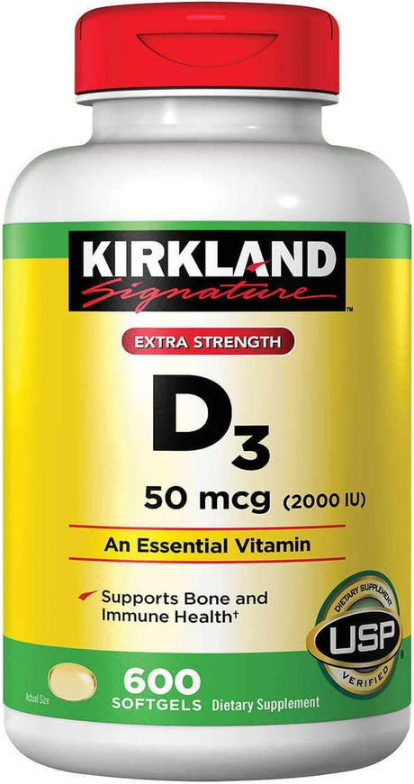 Kirkland Signature Extra Strength Vitamin D3 2000 I.U. 600 Softgels, Bottle