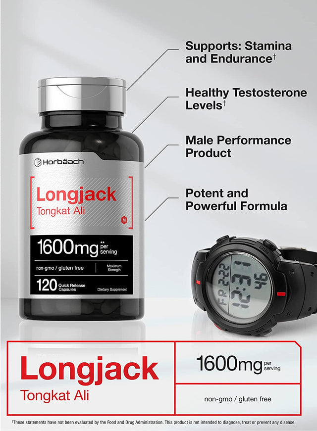 Longjack Tongkat Ali 1600 Mg | 120 Capsules | Longifolia Root Extract Powder | Maximum Strength Formula | Non-Gmo, Gluten Free | by Horbaach