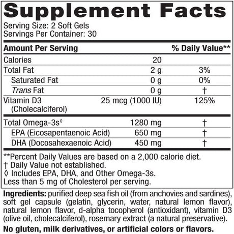 Nordic Naturals Ultimate Omega-D3, Lemon Flavor - 60 Soft Gels - 1280 Mg Omega-3 + 1000 IU Vitamin D3 - Omega-3 Fish Oil - EPA & DHA - Promotes Brain, Heart, Joint, & Immune Health - 30 Servings