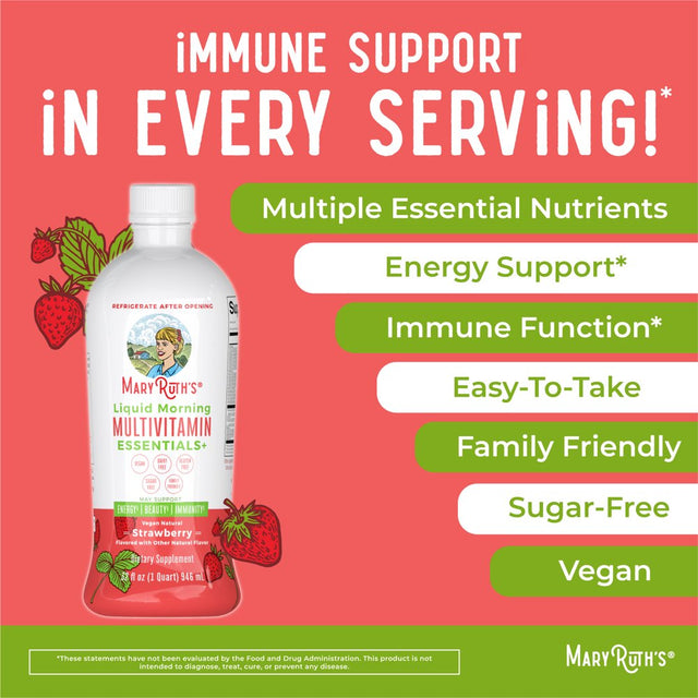 Maryruth Organics | Morning Liquid Multivitamin Supplement for Adults & Kids | Daily Vitamins for Immune Support | Strawberry | No Added Sugar | 32 Fl Oz/946Ml