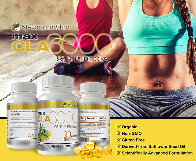 MAX CLA 3000, High Potency, Natural Weight Loss Exercise Enhancement, Increase Lean Muscle Mass, Non-Stimulating, Non-Gmo 95% Pure CLA, 90 Count