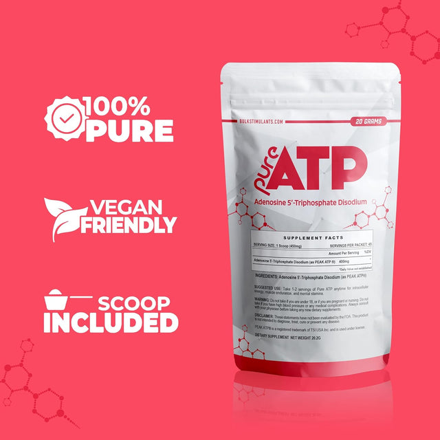 Bulkstimulants Pure ATP Adenosine Triphosphate Powder - Increase Energy, Endurance, Strength, Recovery & Muscle Pump, Faster than Creatine HMB & Nitric Oxide, Natural Pre Workout Supplement - 20 Grams