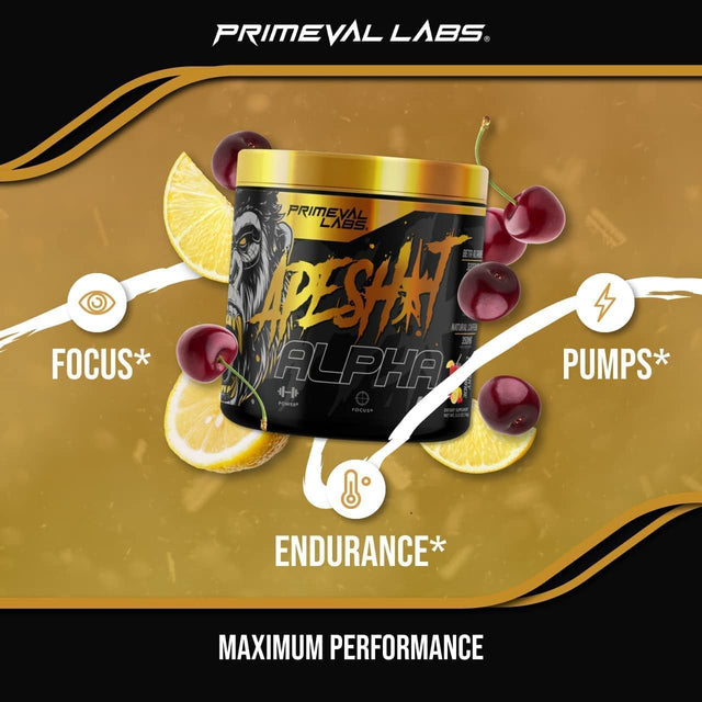 Primeval Labs Ape Alpha Natural Pre Workout Powder, Boost Energy, Increase Endurance and Focus, Beta-Alanine, 350Mg Natural Caffeine Extract, Nitric Oxide Booster, Cherry Lemonade, 40 Servings