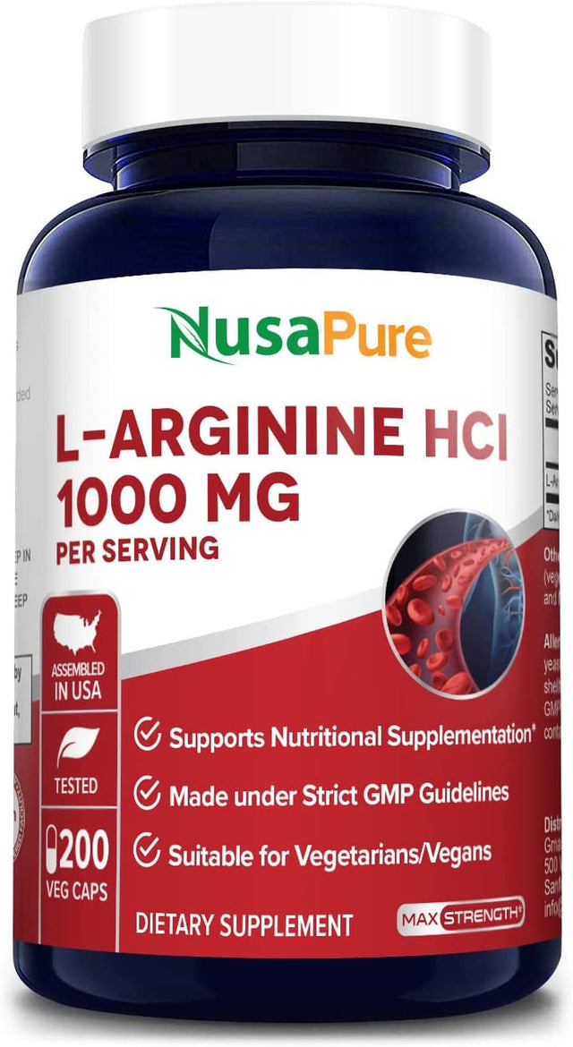 Nusapure L-Arginine 1000 Mg 200 Veggie Capsules (Non-Gmo, Vegetarian, Gluten Free)